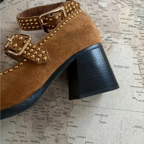 Jeffrey Campbell Free People Studded Suede Chunky Heels Size 9.5 Carmel/Gold - Picture 6 of 11